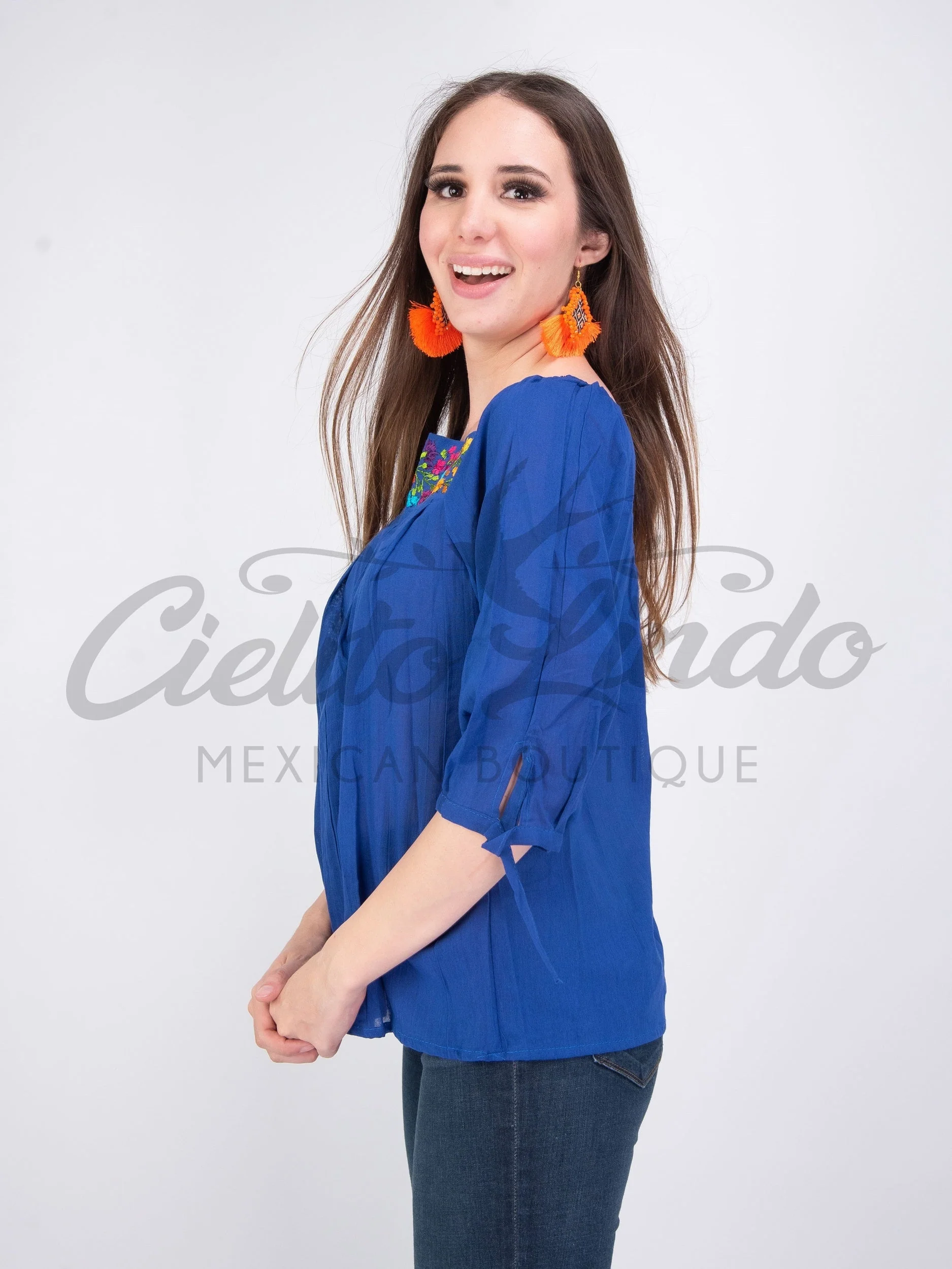 Mexican Embroidered Blouse Cozumel Royal Blue - Image 2