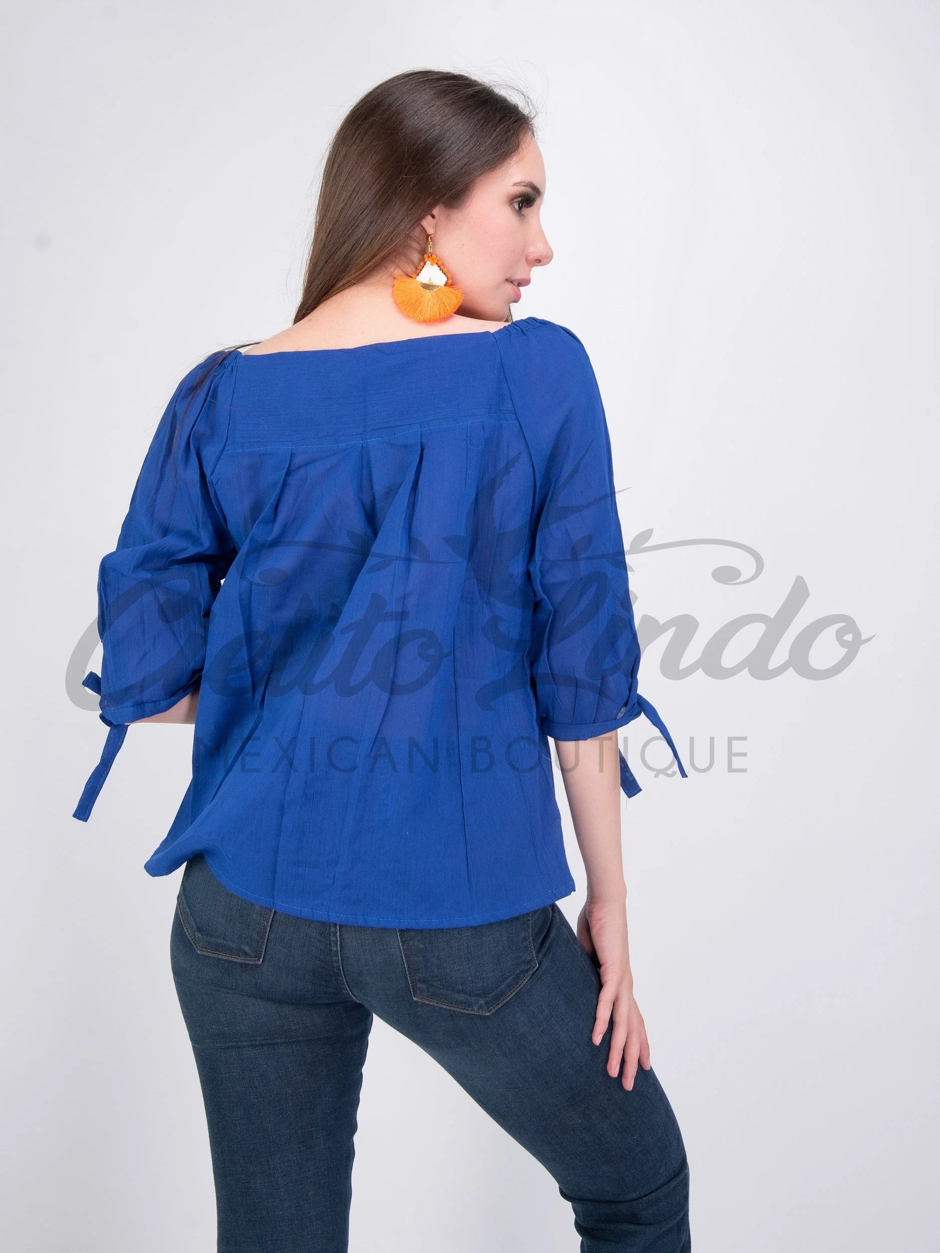 Mexican Embroidered Blouse Cozumel Royal Blue - Image 3