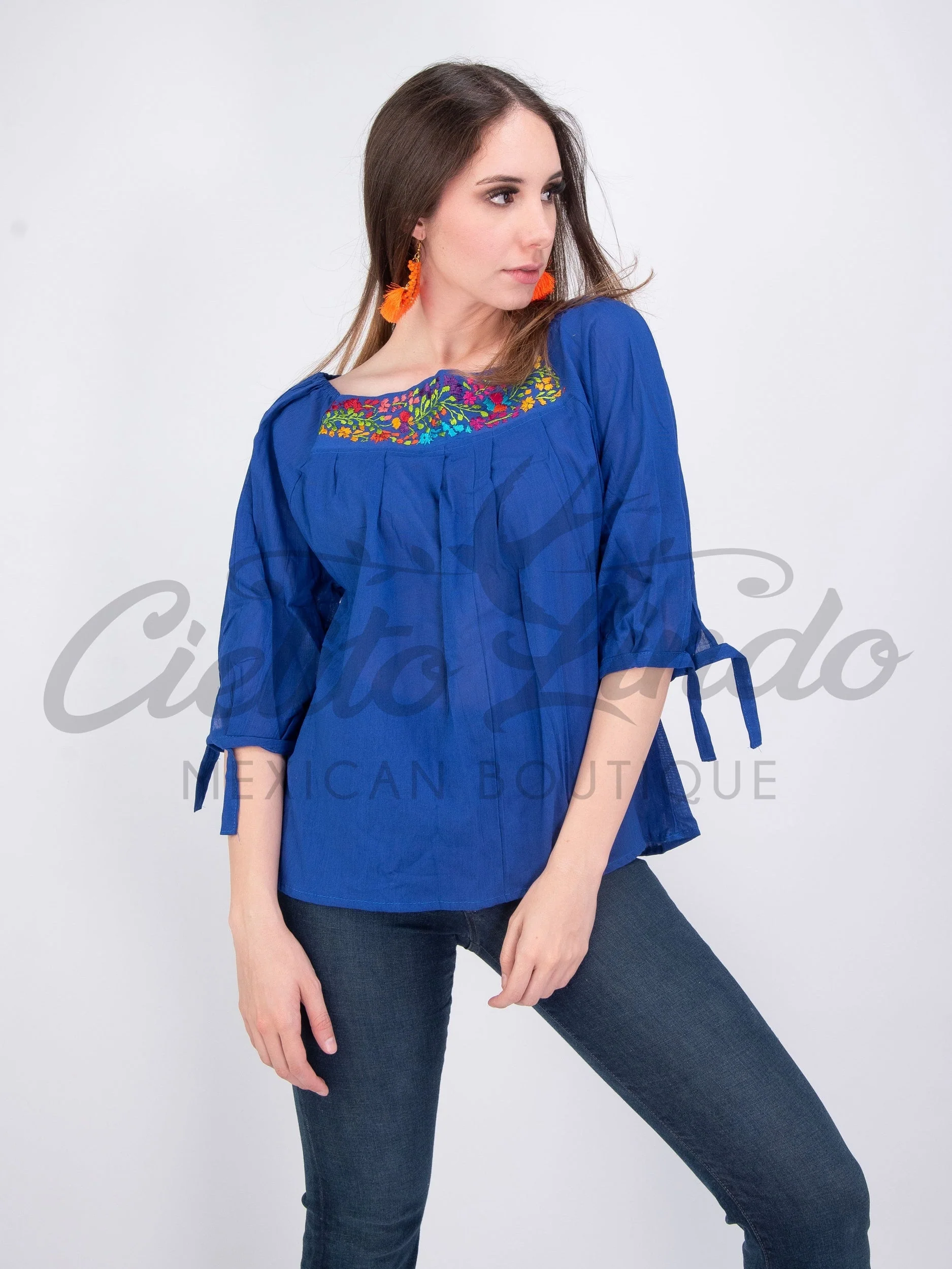Mexican Embroidered Blouse Cozumel Royal Blue - Image 4