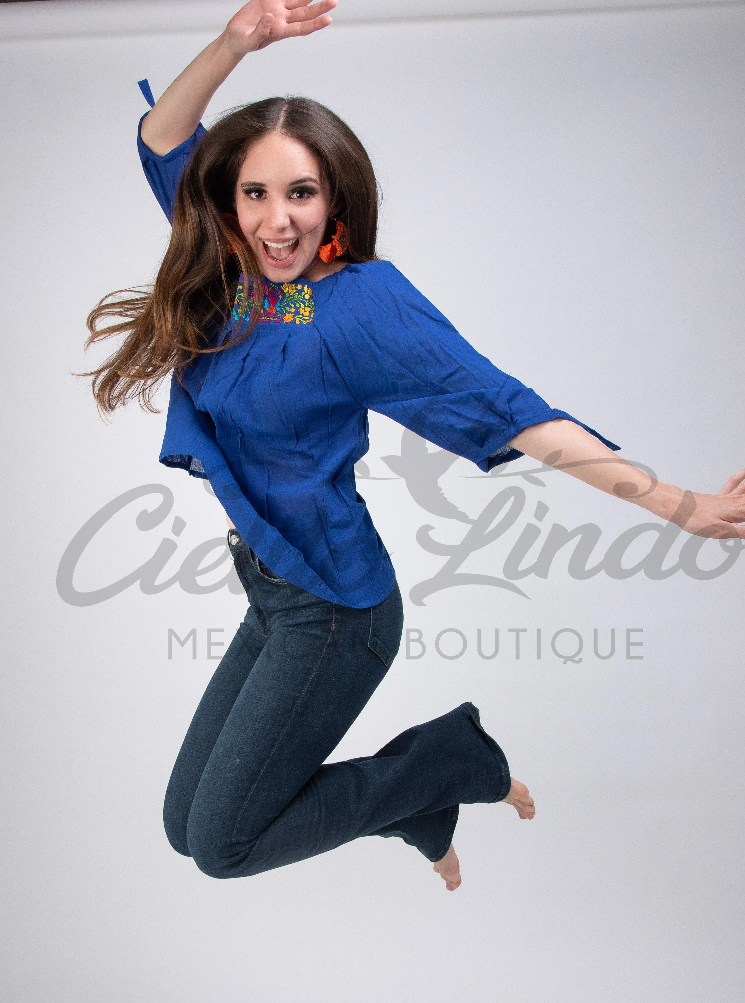 Mexican Embroidered Blouse Cozumel Royal Blue - Image 5