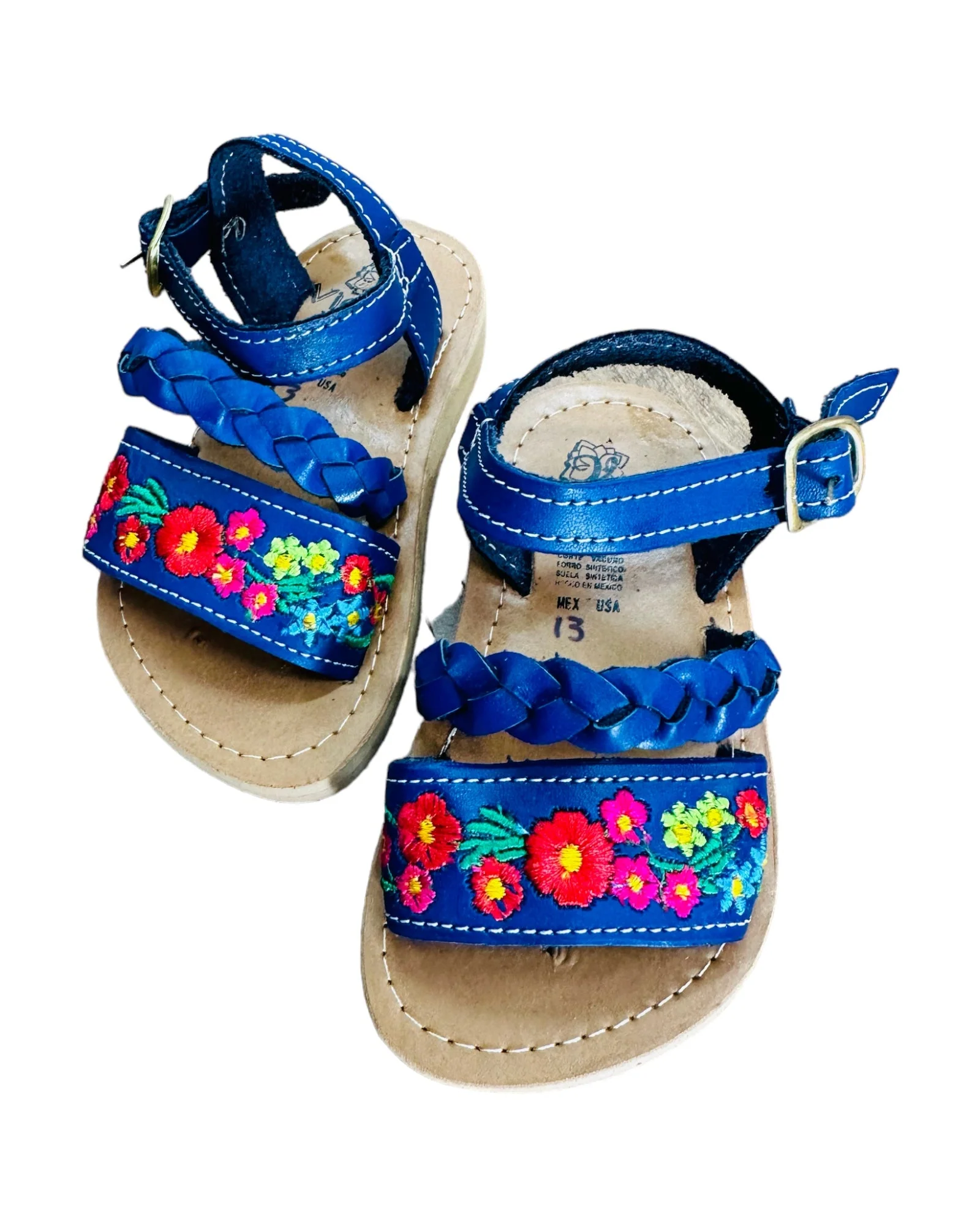 Mexican Girl Royal Blue Flower Leather Sandals - Image 2