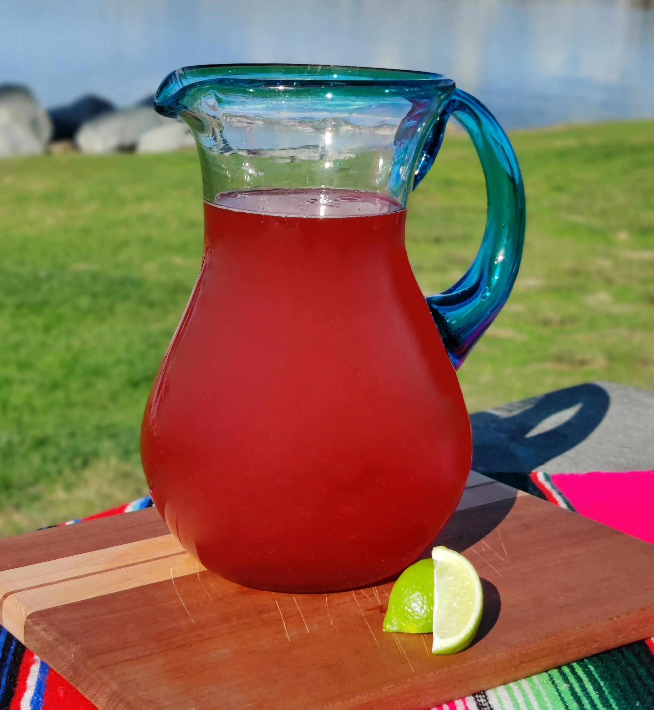 Mexican Hand Blown Glass Pitcher – Aqua Rim and Handle (84 oz) - Image 3