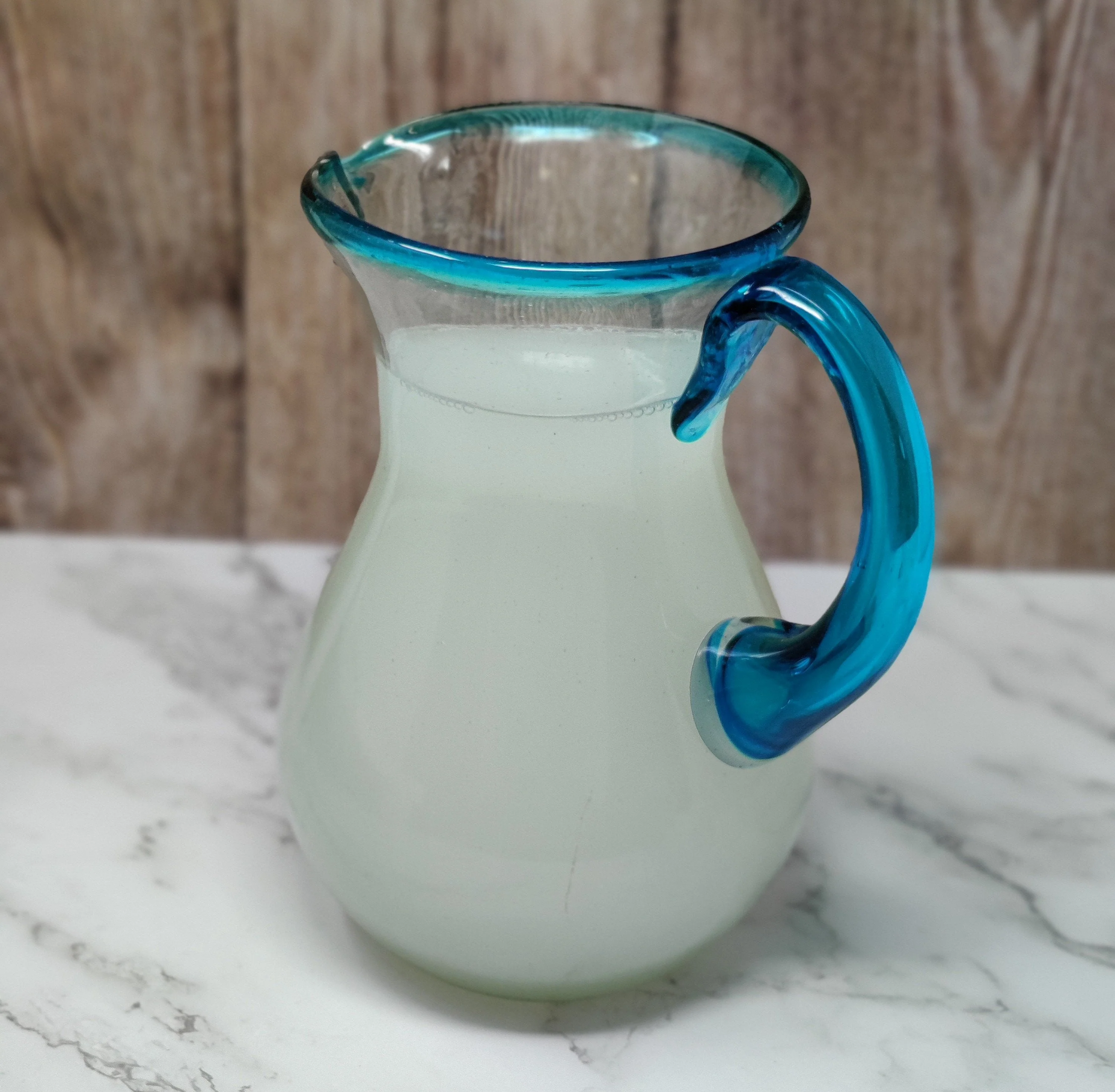 Mexican Hand Blown Glass Pitcher – Aqua Rim and Handle (84 oz) - Image 5