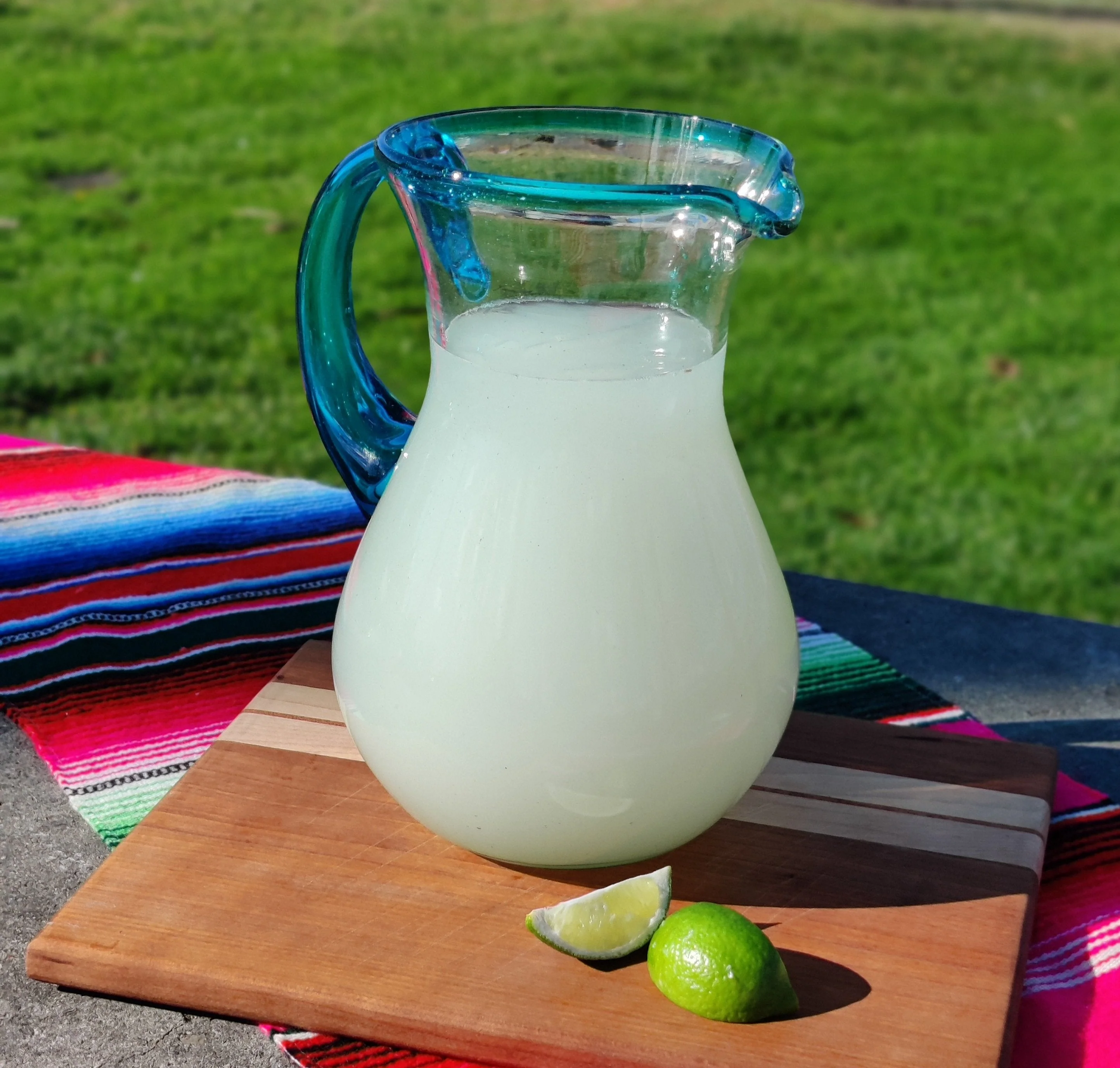 Mexican Hand Blown Glass Pitcher – Aqua Rim and Handle (84 oz) - Image 6