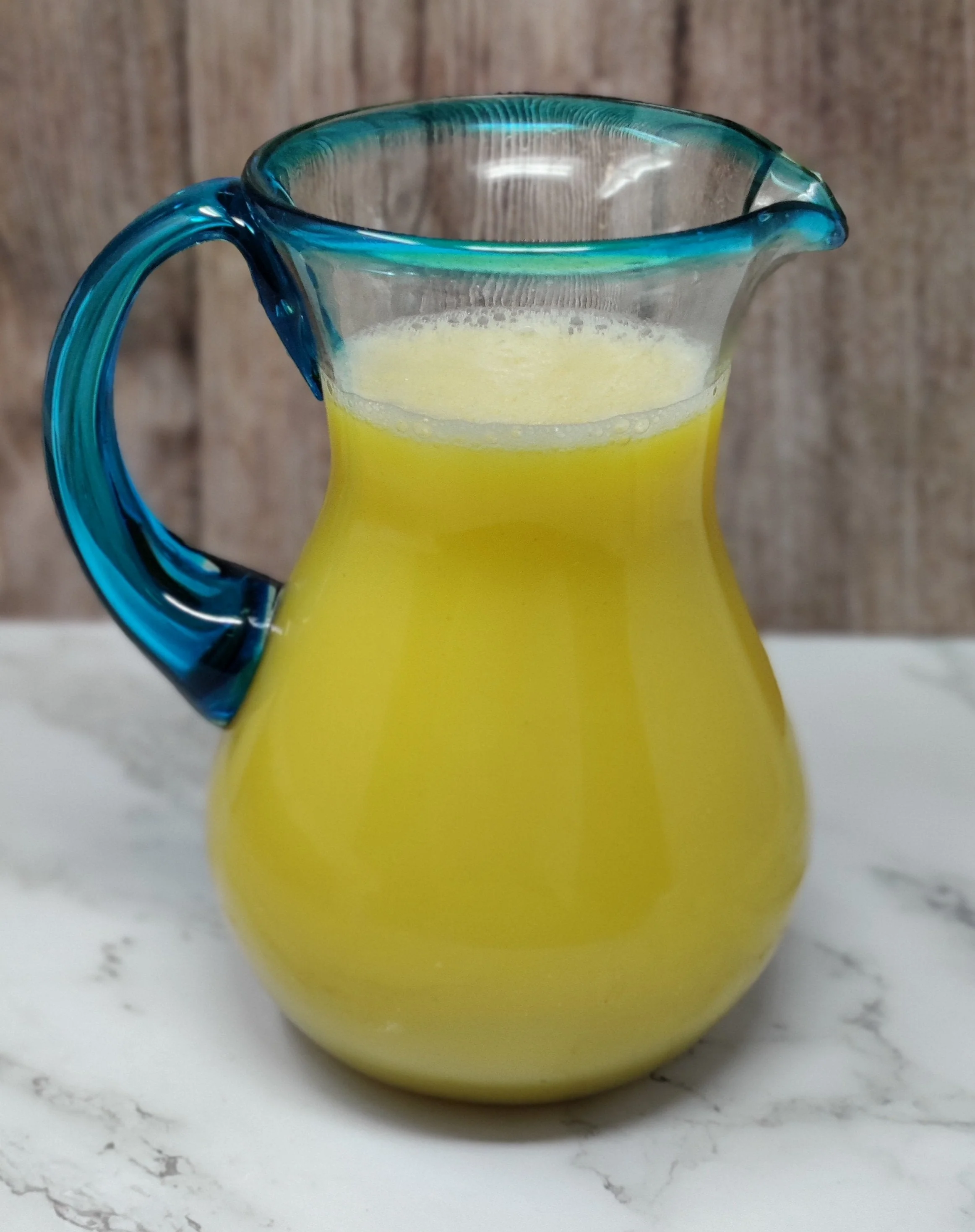 Mexican Hand Blown Glass Pitcher – Aqua Rim and Handle (84 oz) - Image 7