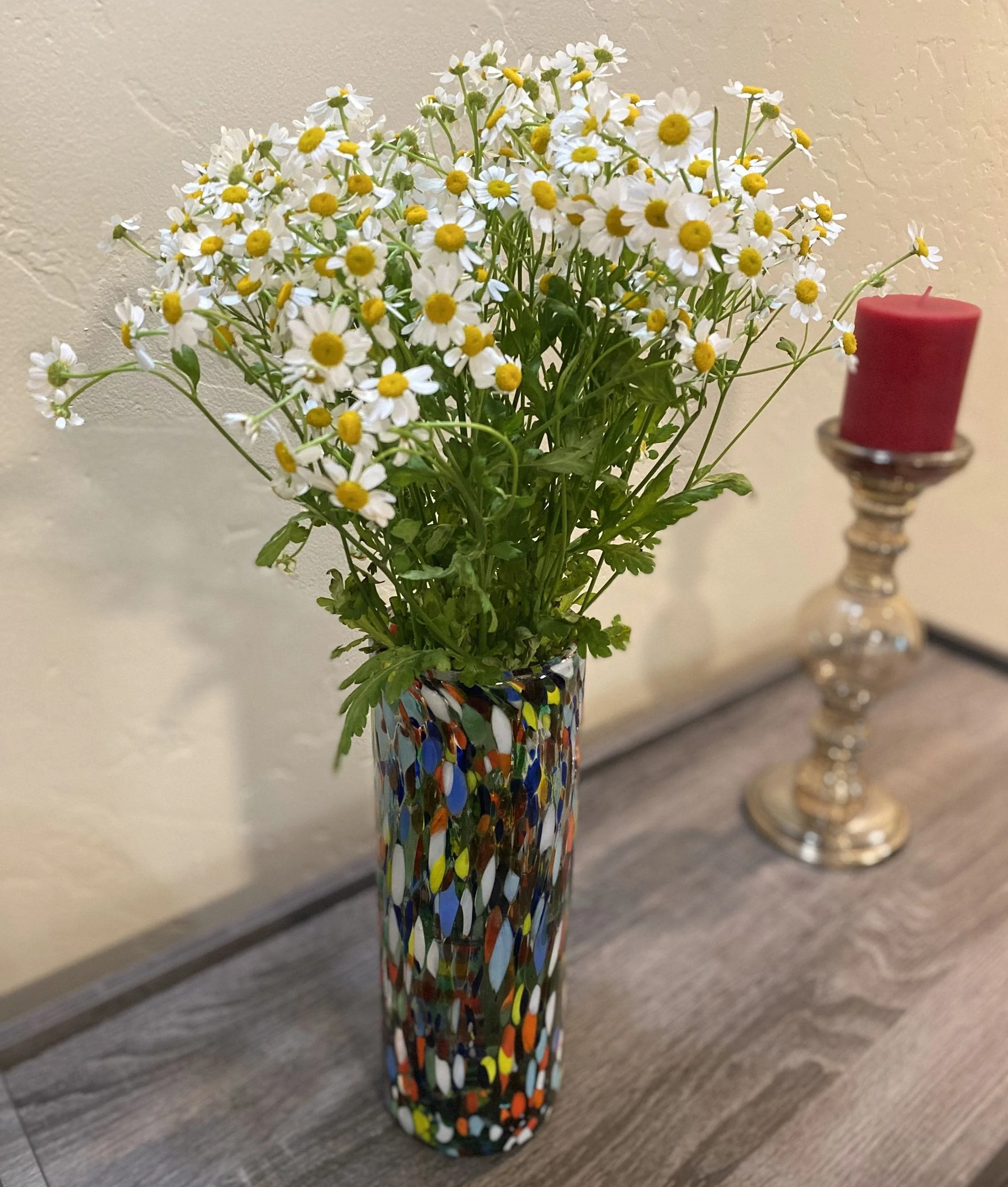 Mexican Hand Blown Glass Vase (11.5" x 4") – Confetti Carmen Colorful Flower Vase - Image 4