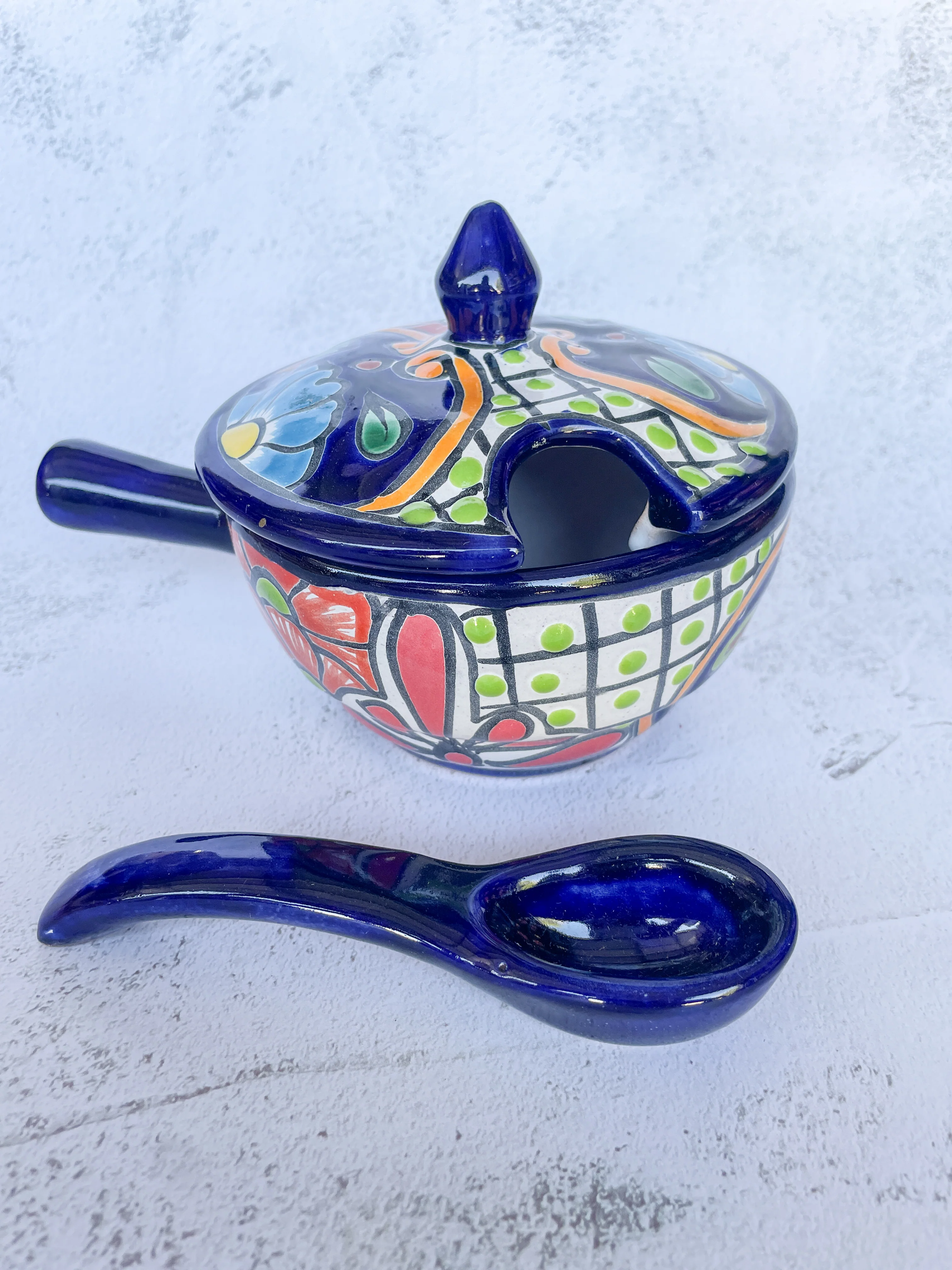 Talavera Bowl With Spoon - Salsera Con Tapa Colorful - Image 3