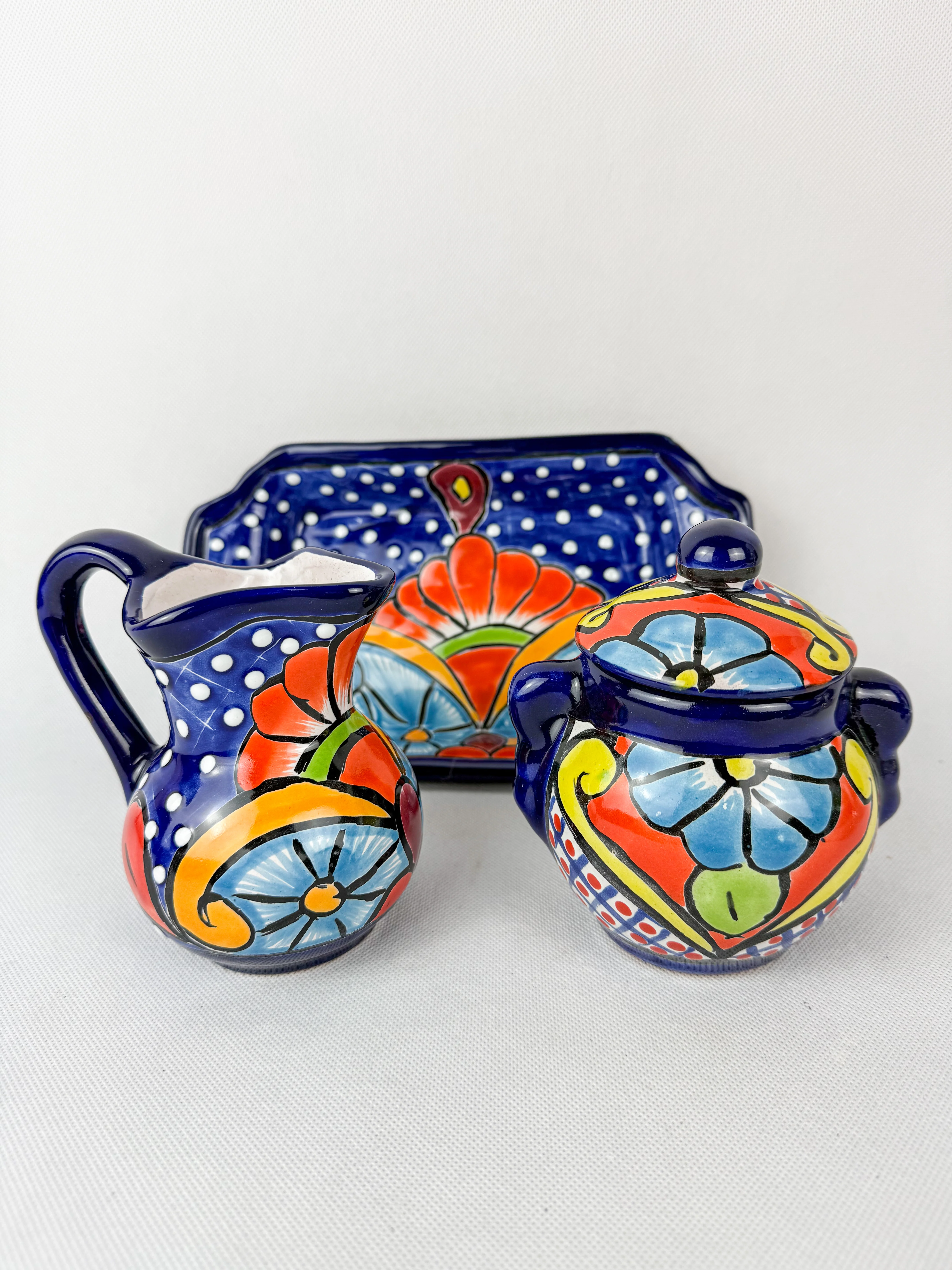 Mexican Talavera Coffee Sugar and Creamer Set With Serving Tray 3 Piece Set Colorful
