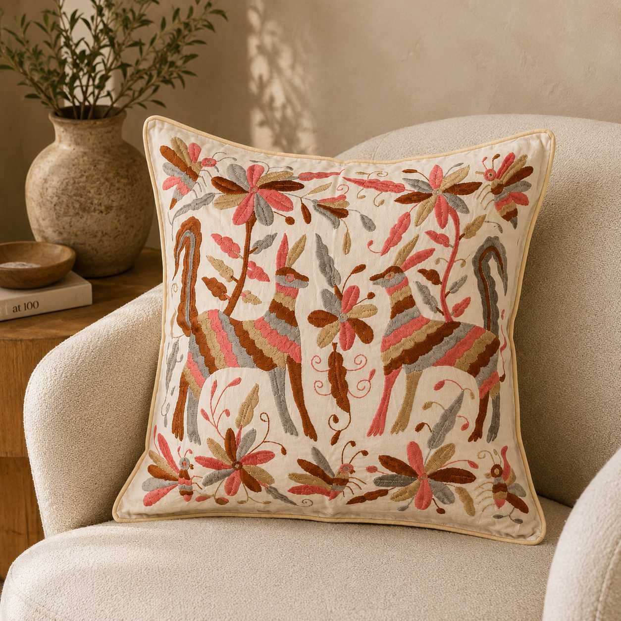 Mexican Handwoven Otomi Pink Nature Cushion Cover - Almohada Otomi - Image 2