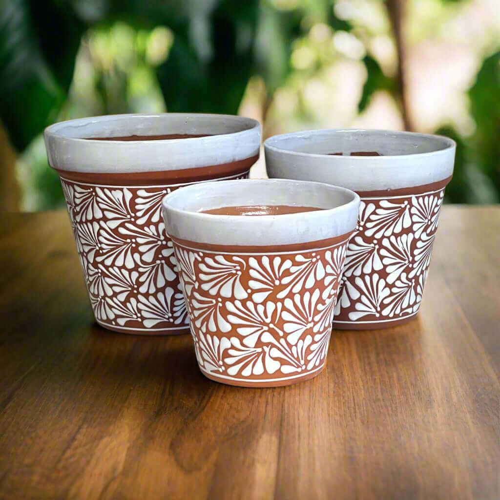 Set of 3 Talavera Flower Pots | Brown & White Terracotta Planters - Image 2