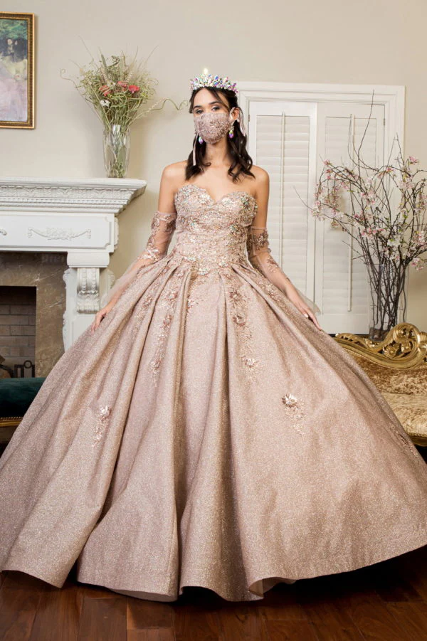 Sweethearted Ruffle Tail Quinceanera Dress w/ Detached Mesh Sleeve - Mask Not Included - Image 2