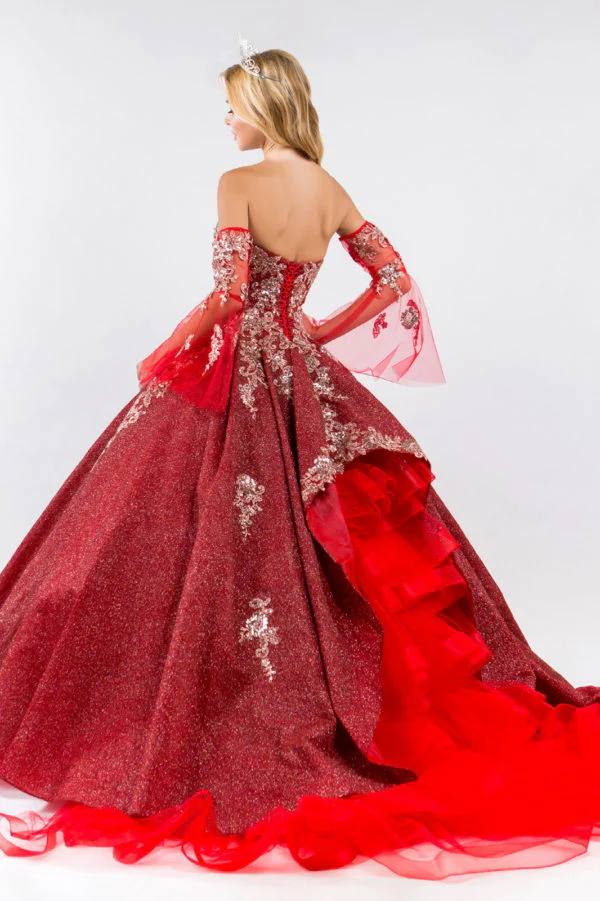 Sweethearted Ruffle Tail Quinceanera Dress w/ Detached Mesh Sleeve - Mask Not Included - Image 7
