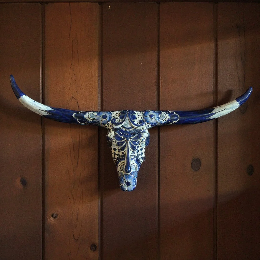 Talavera Longhorn Skull | Blue & White Mexican Wall Art - Image 5