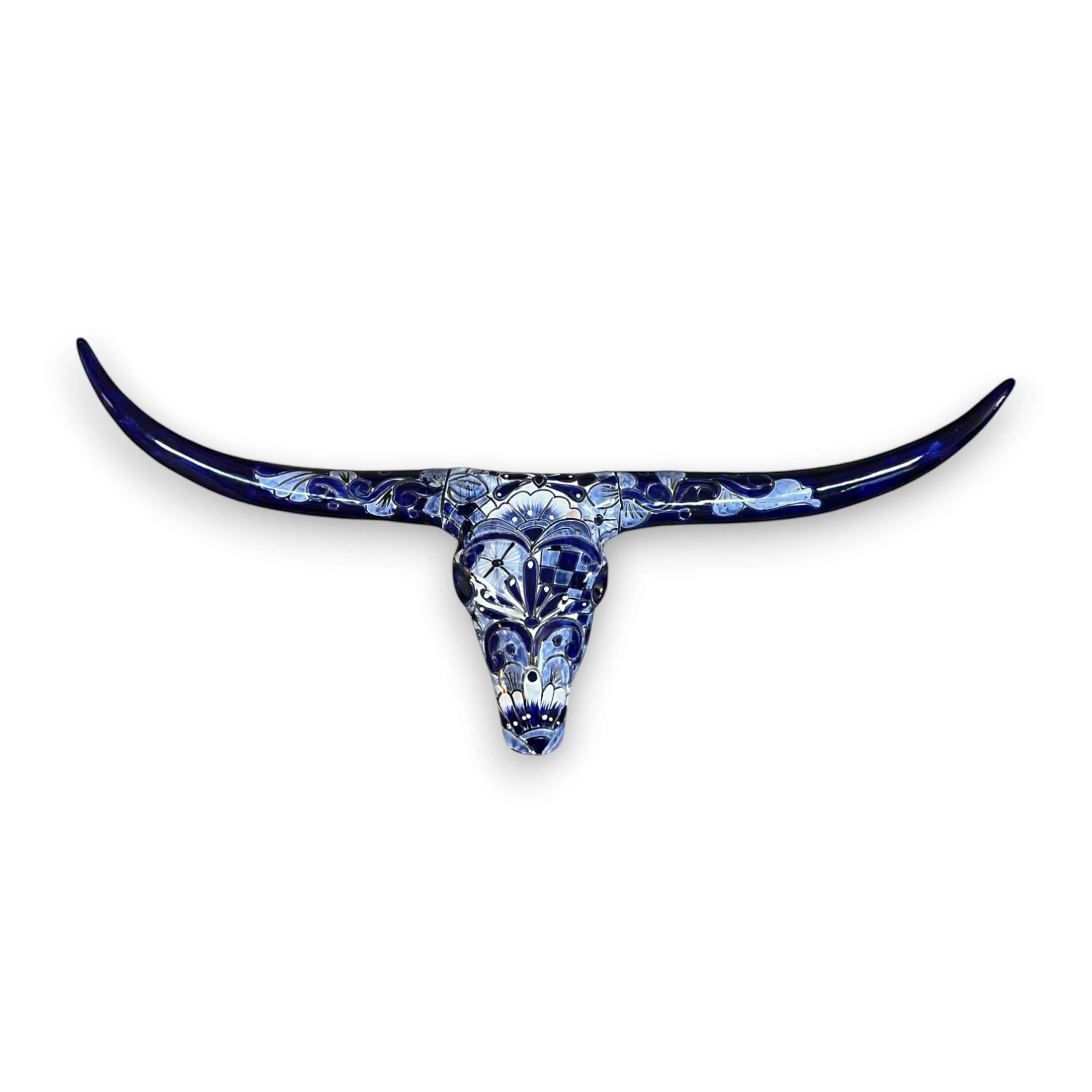 Talavera Longhorn Skull | Blue & White Mexican Wall Art - Image 7
